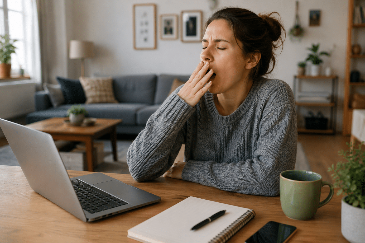 Fatigue chronique : photo d'une femme baillant devant son ordinateur